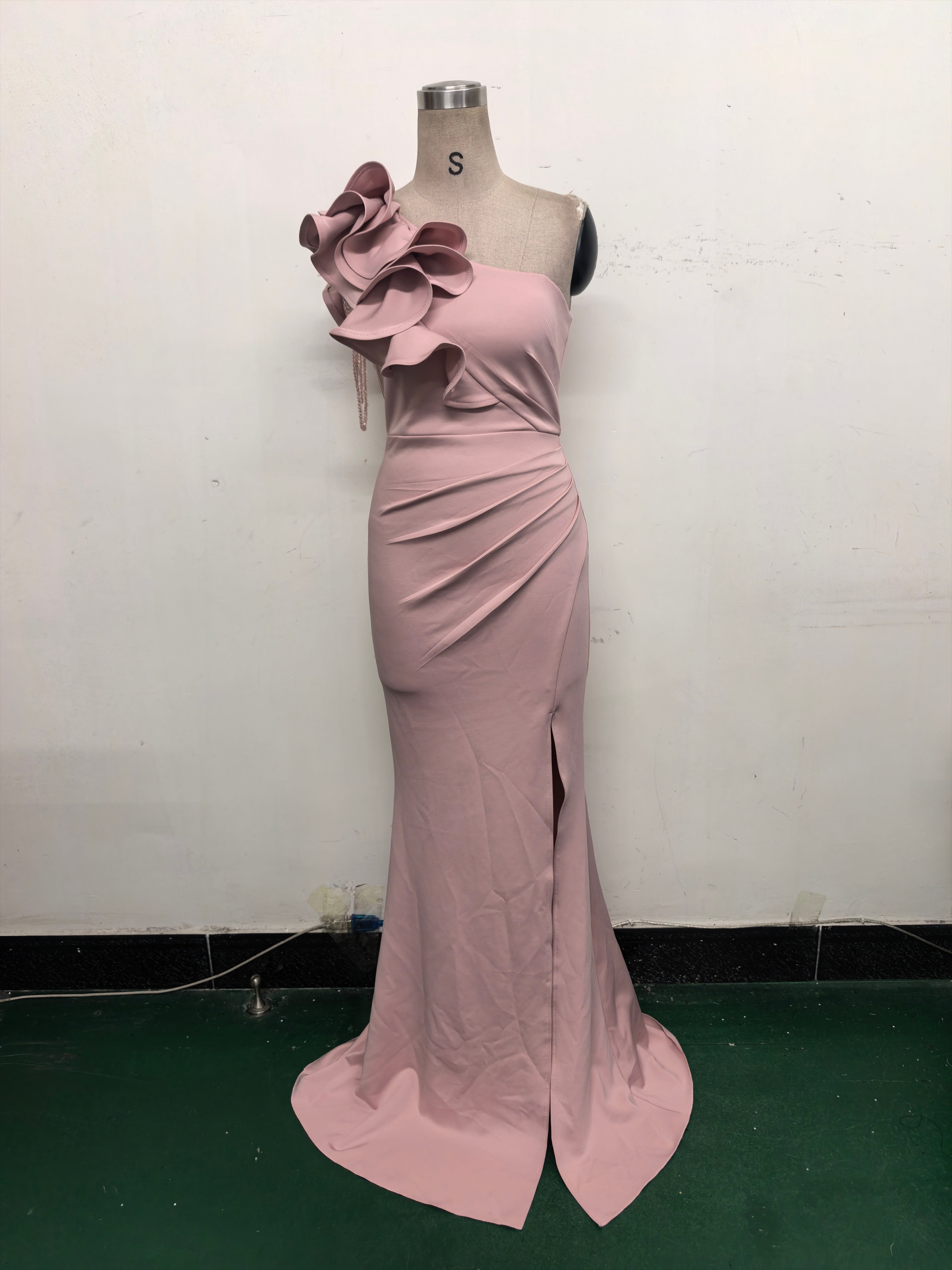 Women One-Shoulder Beaded Wool and Floral Satin Slit Sexy Evening Dress 47