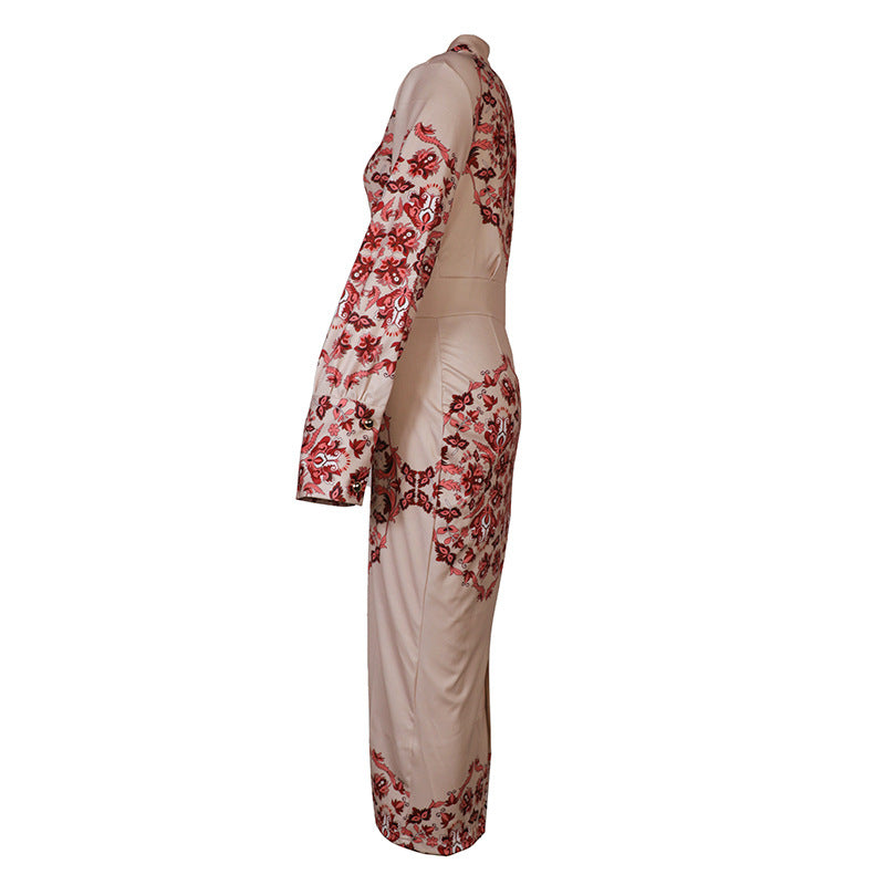 Women Stand Collar Long Sleeve Print Dress 12