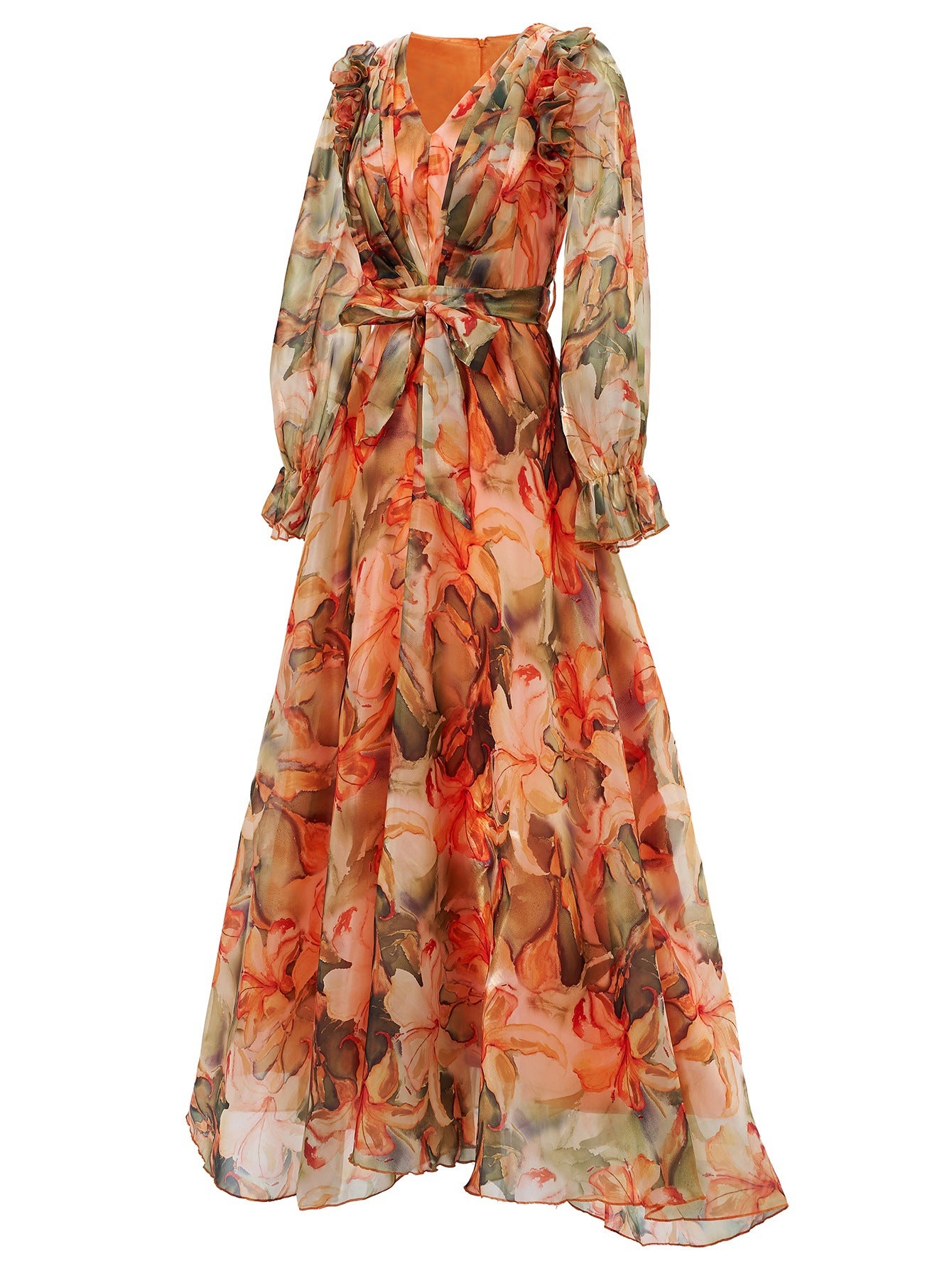 Elegant Women's Long-Sleeve V-Neck Ruffled Formal Party Mesh Evening Gown 13