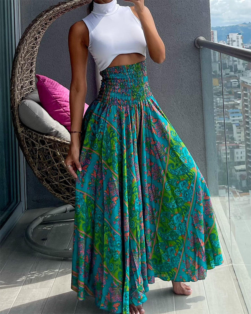 Women's Retro Floral Print High Waist Slim Waist Wide-Leg Pants 4