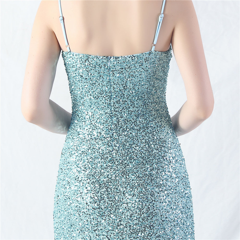 Elegant Strap V-Neck Sequined Evening Dress 36