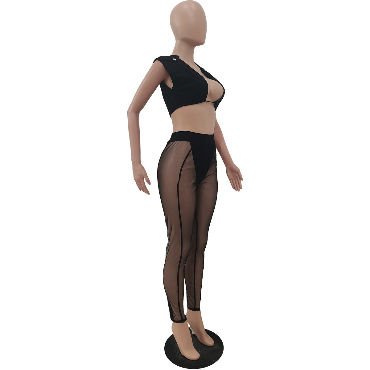 Women 's Mesh See-Through Hollow Vest Mid-Waist Sexy Pants Two Piece Set 29