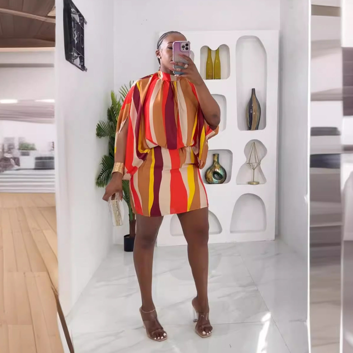 Women Sexy Color Stripe Print Lace-Up Bat Sleeves Bodycon Dress 3