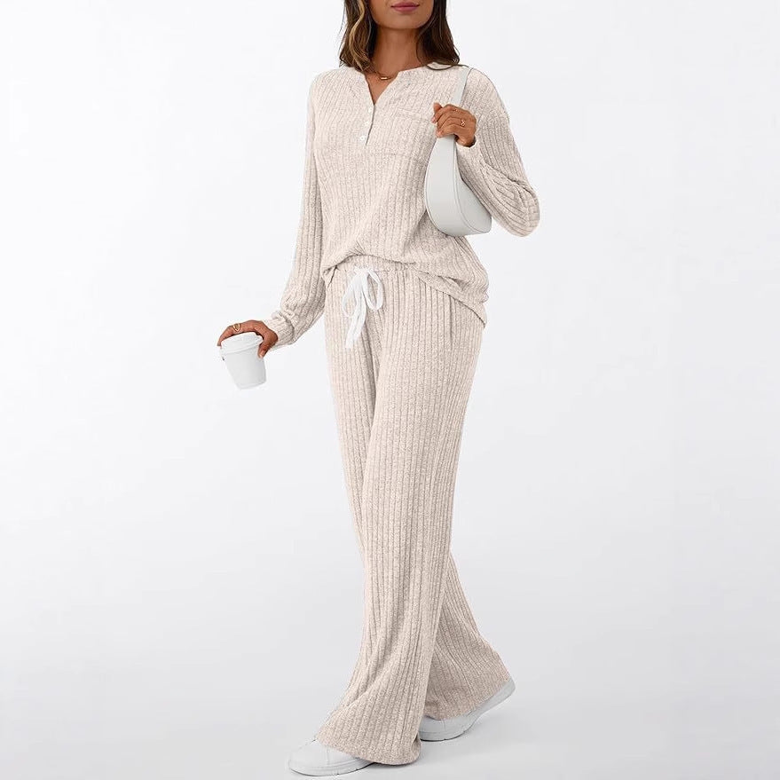 Autumn Winter Women's V-Neck Outdoor Wear Style Home Pajamas Two-Piece Set