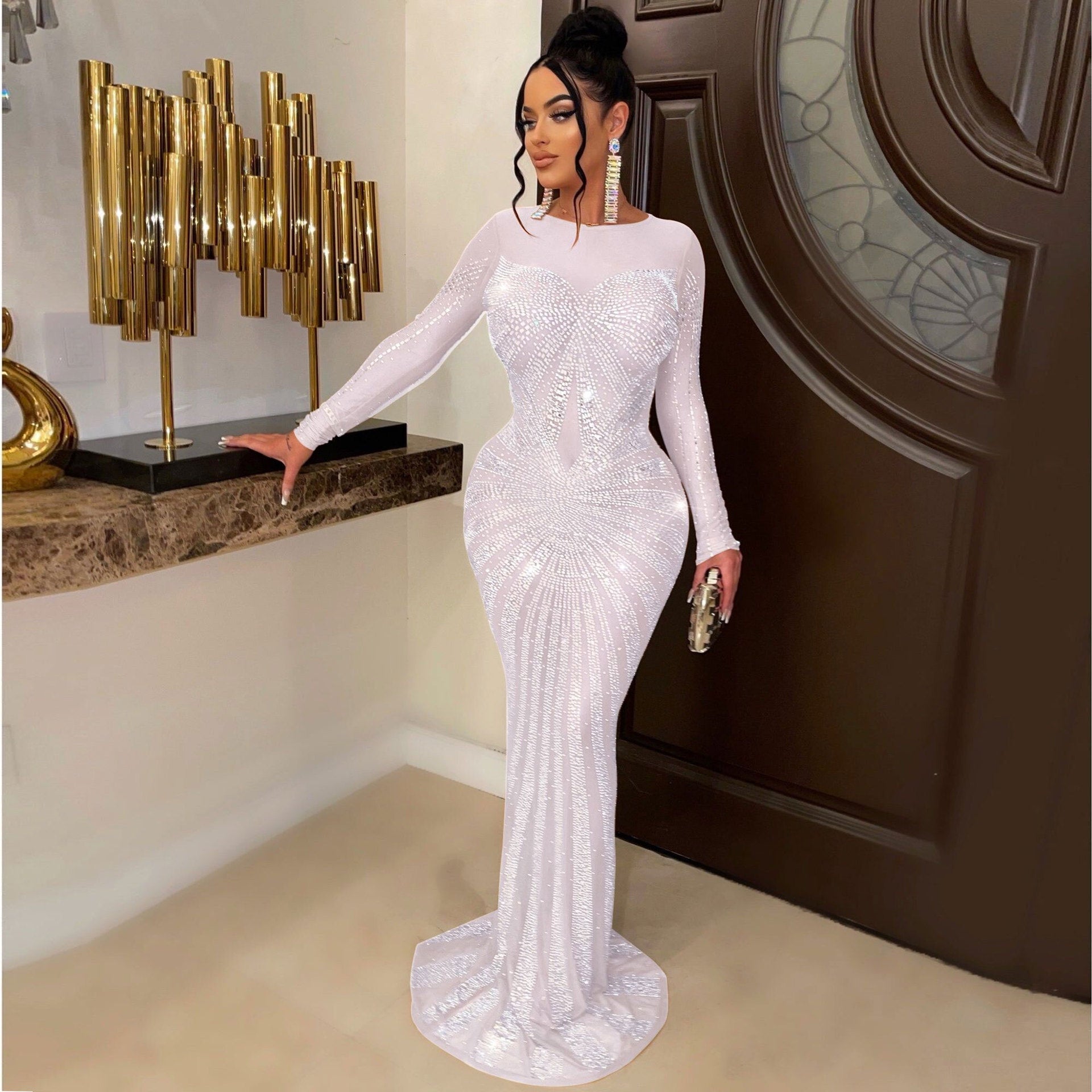 Sexy Rhinestone Beaded Long Sleeve Evening Dress 4