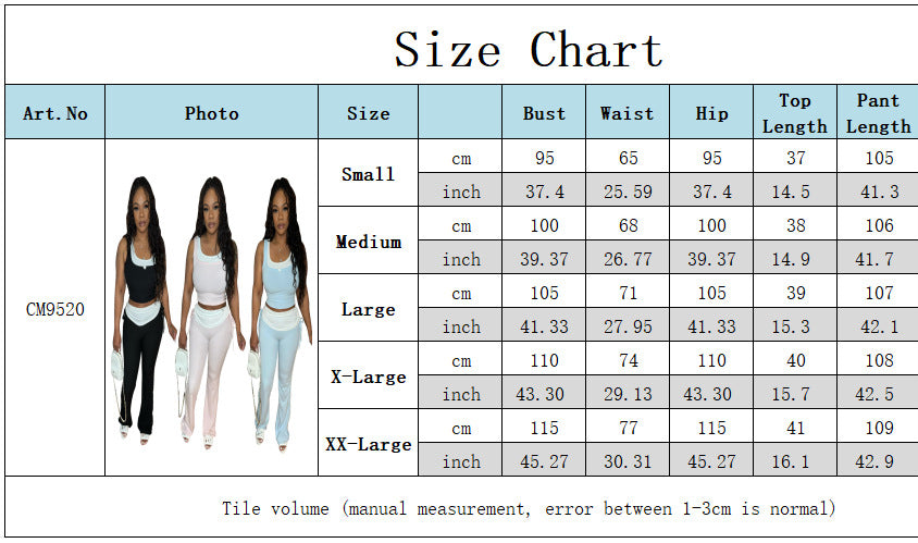 Women Spring Summer Ribbed Patchwork Color Block Tank Top Bell Bottom Pants Casual Two-Piece Set 10
