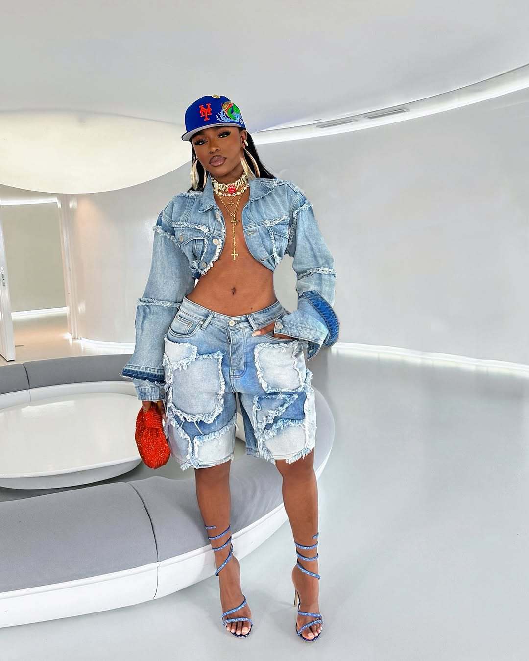 Washed Patchwork Denim Two Piece Shorts Set for Women 3