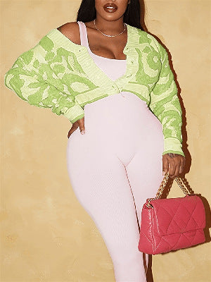 Autumn Fashion Color Matching V-Neck Buttoned High Waist Slim Women Knitting Top 15