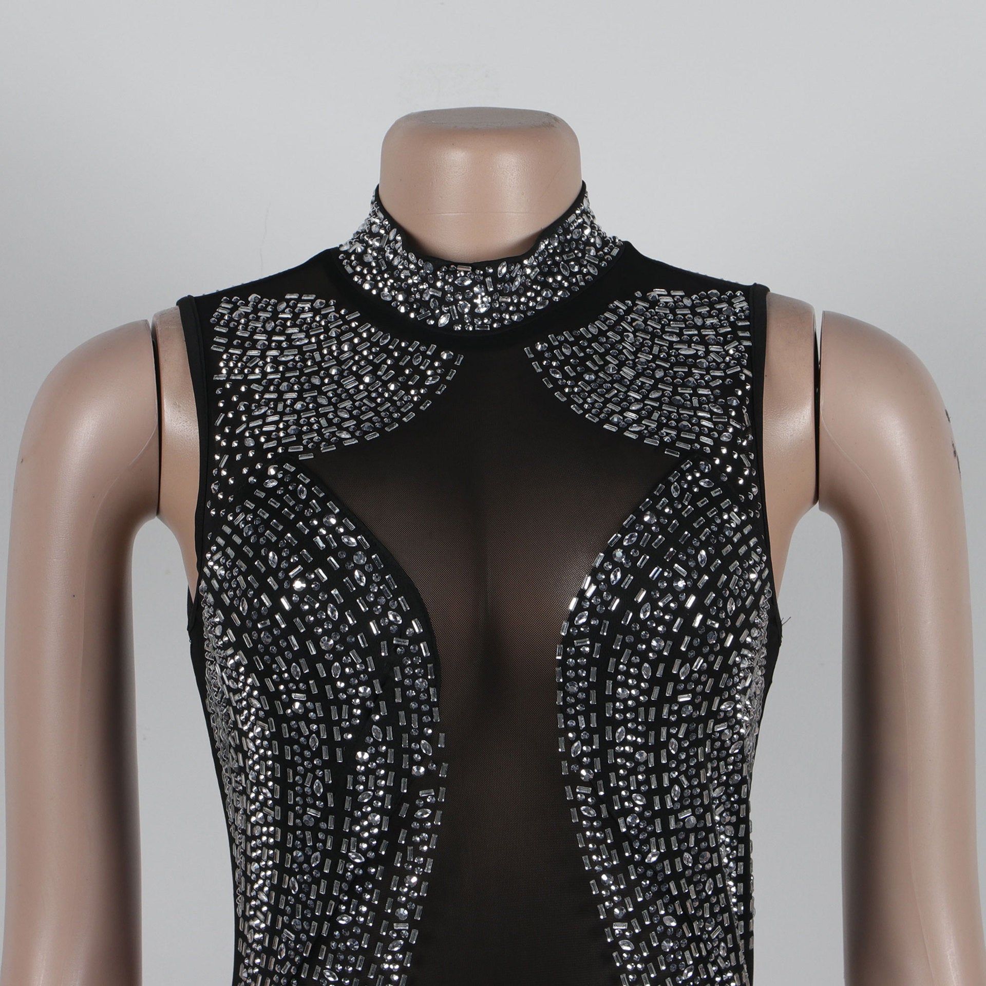 Women Beaded Mesh See-Through Patchwork Sleeveless Slit Dress 17