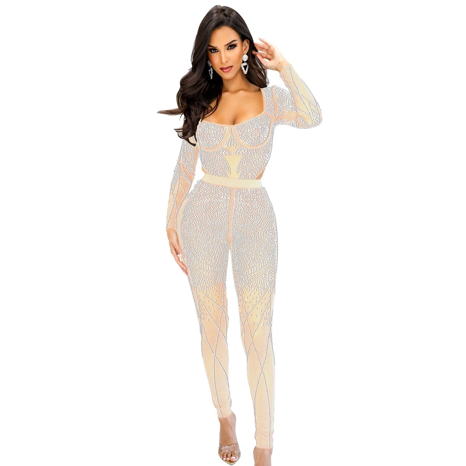 Ladies' Fashion Solid Mesh Beaded Long Sleeve Jumpsuit 13