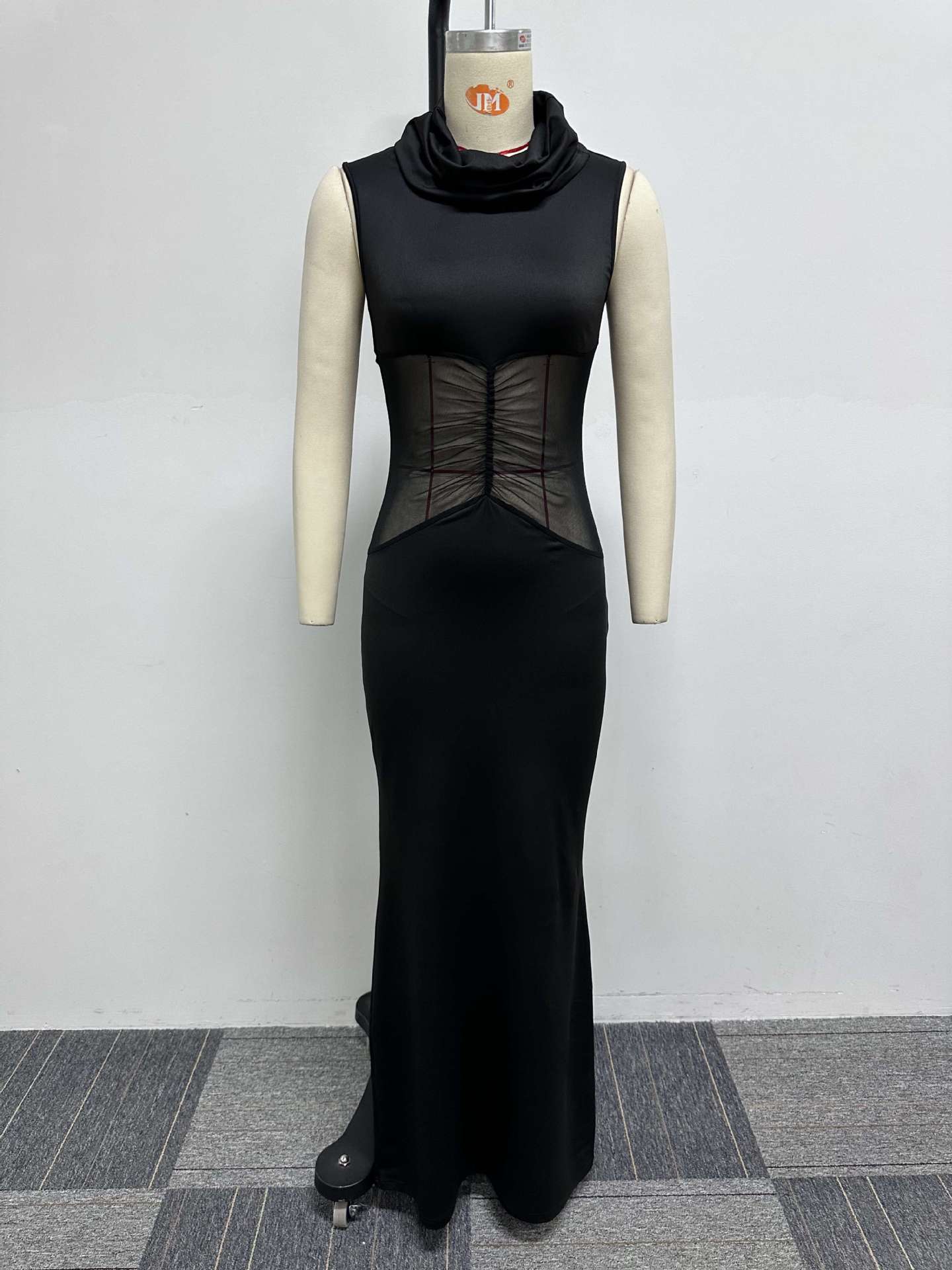 Sexy Turtleneck Sleeveless Stretch Mesh Patchwork See-Through Tight Fitting Long Dress 10