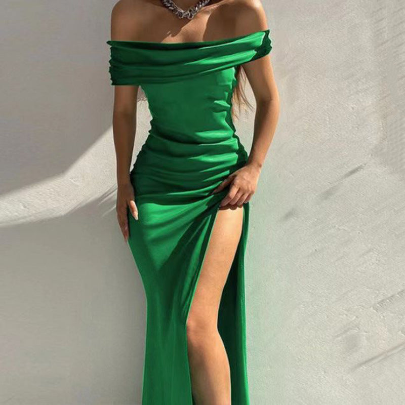 Solid Color Off Shoulder Sexy Slit Maxi Dress 4