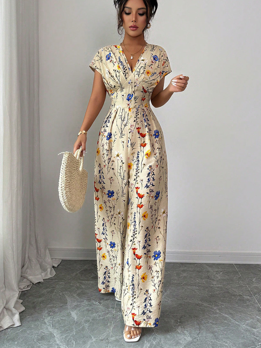 Women autumn printed short-sleeved wide-leg jumpsuit