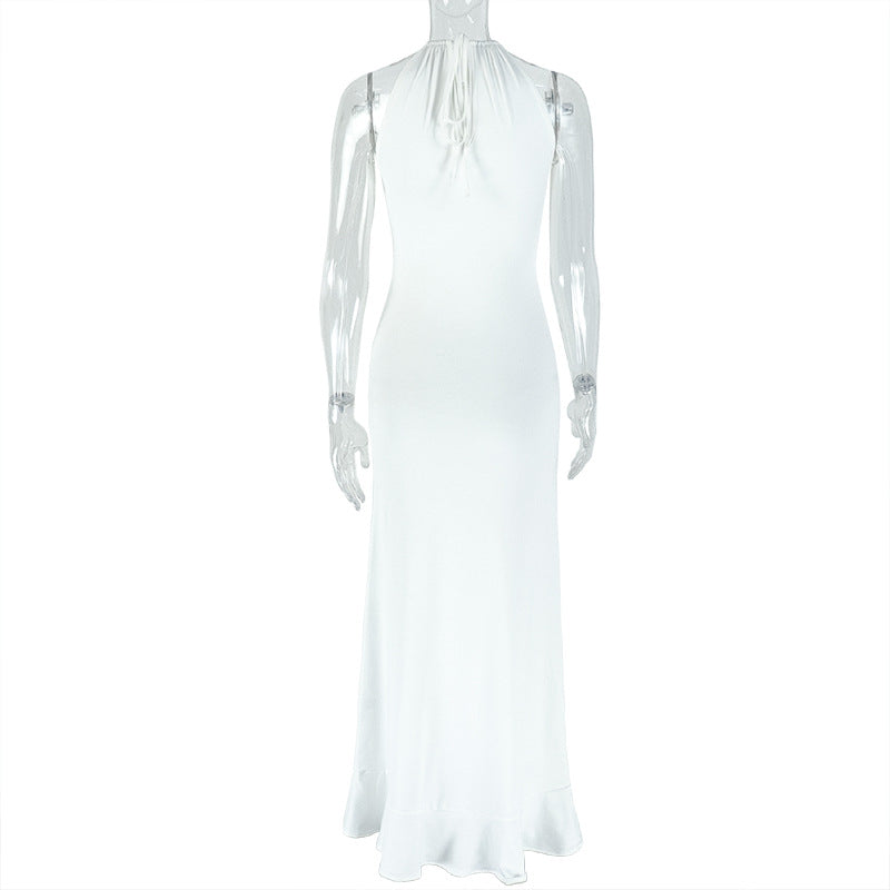 Women Pleated Sexy Hollow Bodycon High Neck Sleeveless Solid Maxi Dress 7