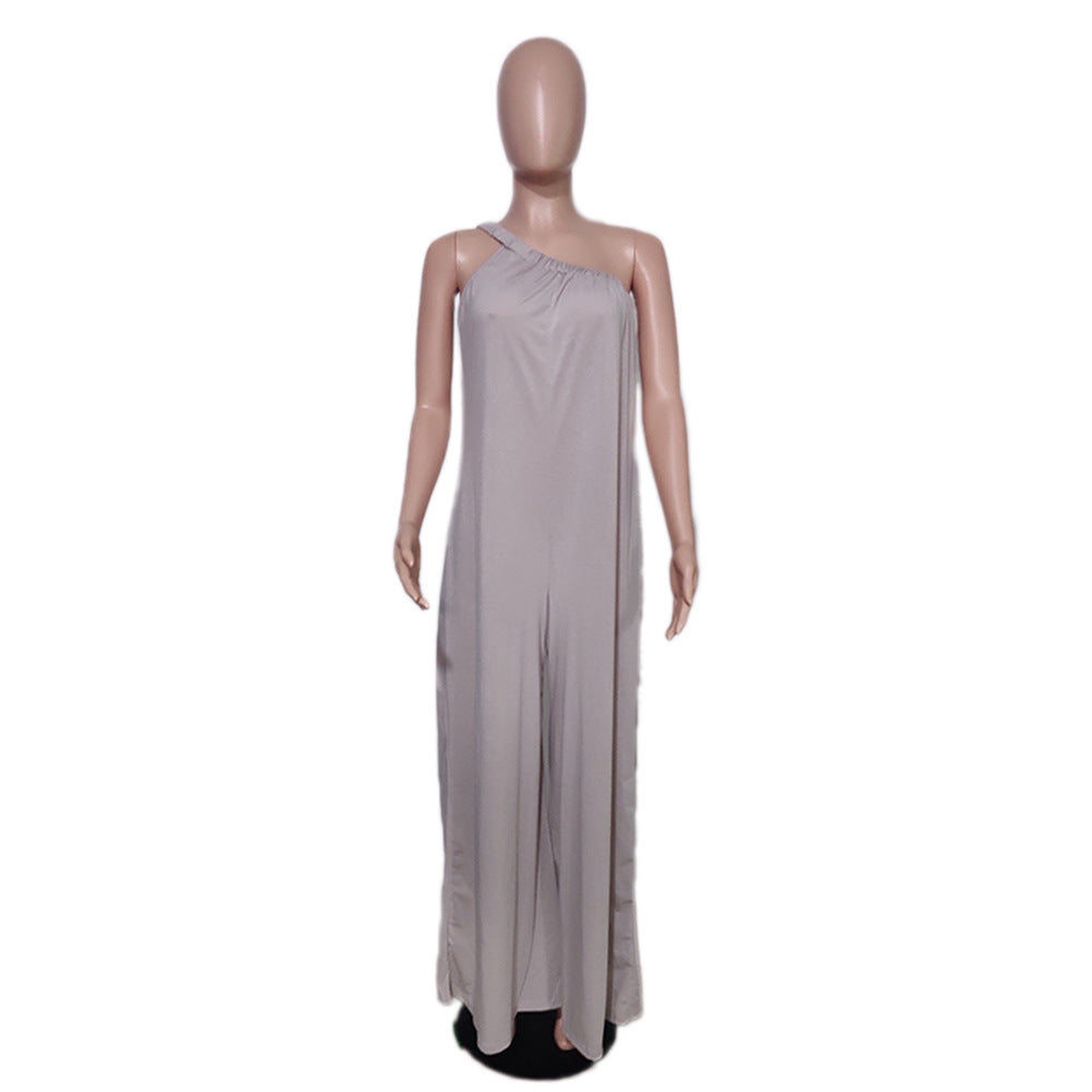 Women Solid Color Slash Shoulder Loose Jumpsuit 6