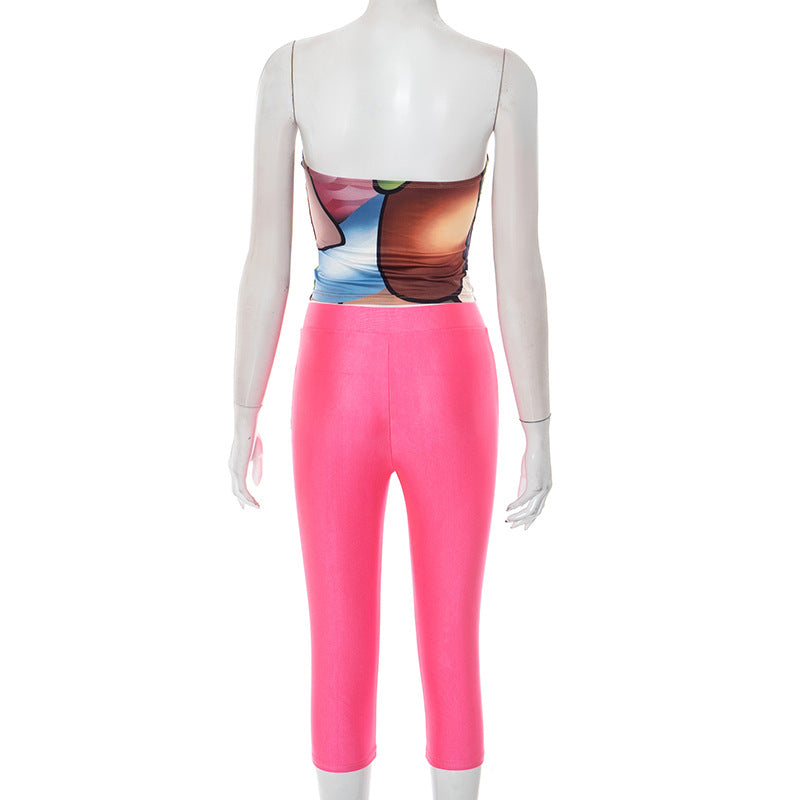 Women's Spring Summer Printed Ring Patchwork Strapless Top & Three-Quarter Pants Set 11