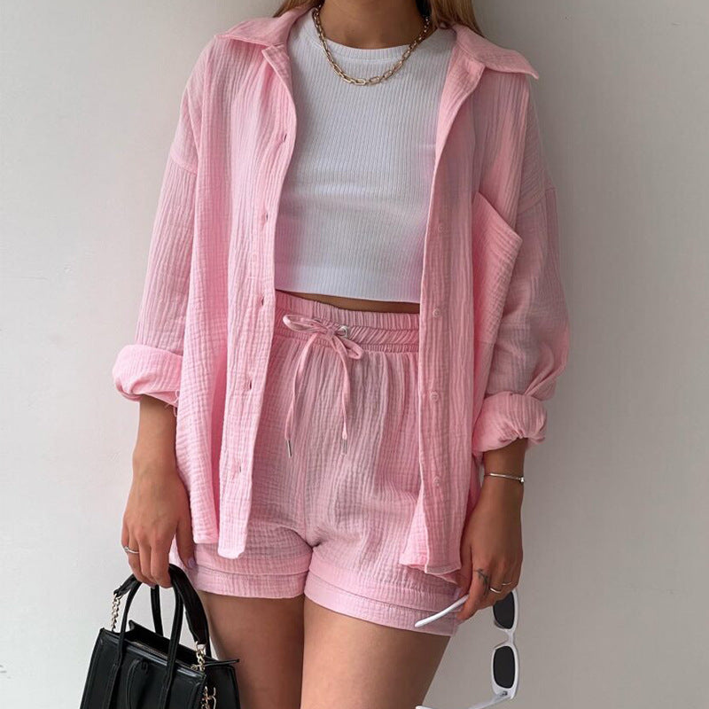 Women's Spring Crinkle Turndown Collar Long Sleeve Shirt High Waist Drawstring Shorts  2PC Set 8