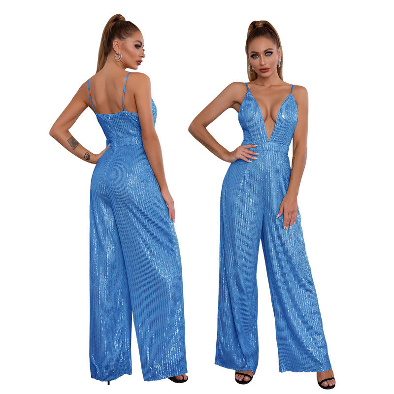 Deep V Neck Low Back Sleeveless Chic Sequined Straps Elegant Women's Party Jumpsuit 9