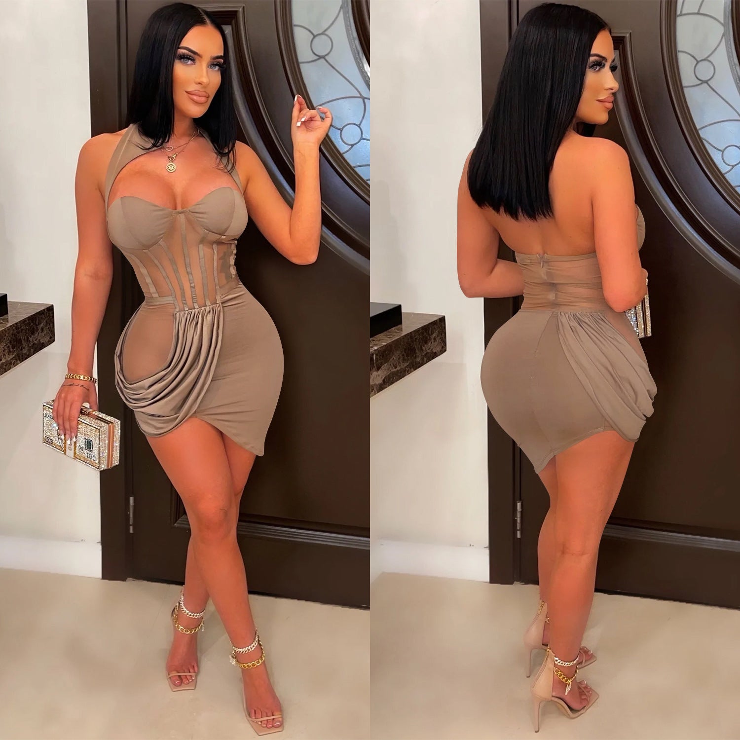 Solid color mesh See-Through cut out pleated irregular dress women 9