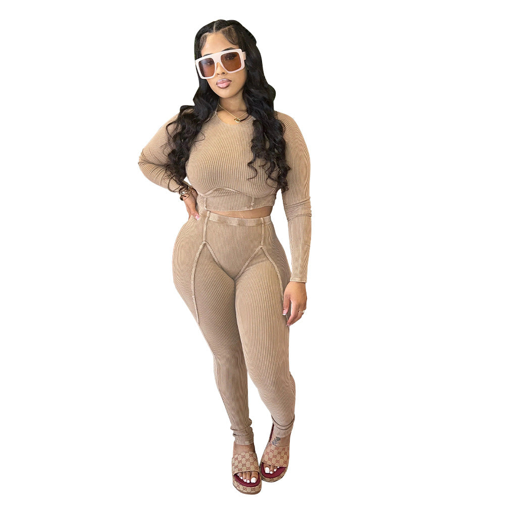 Women Sexy Ribbed Long Sleeve Top and Pant Two-piece Set 4