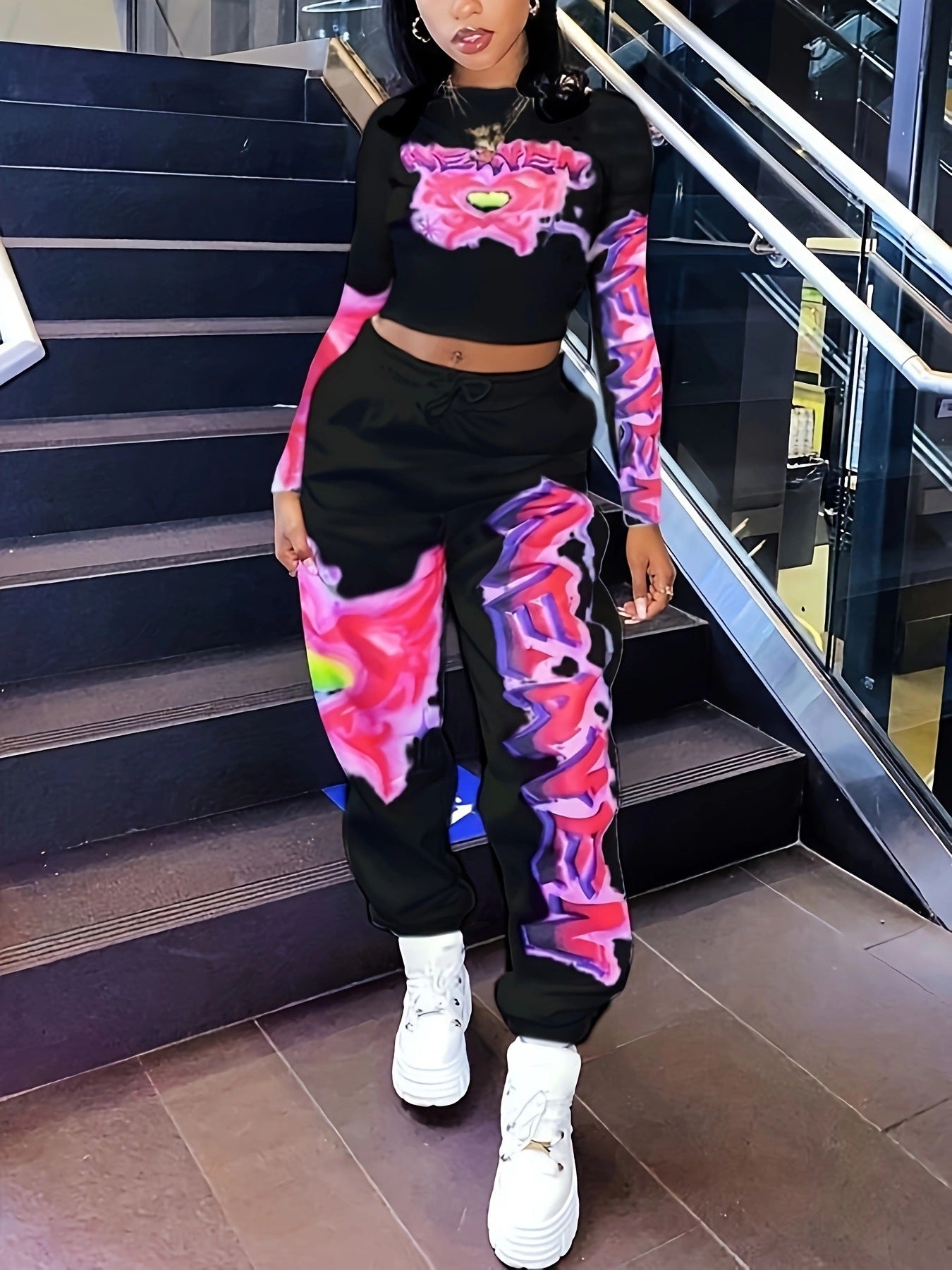 Spring Printed Fashionable Long Sleeve Two Piece Pants Set for Women 9