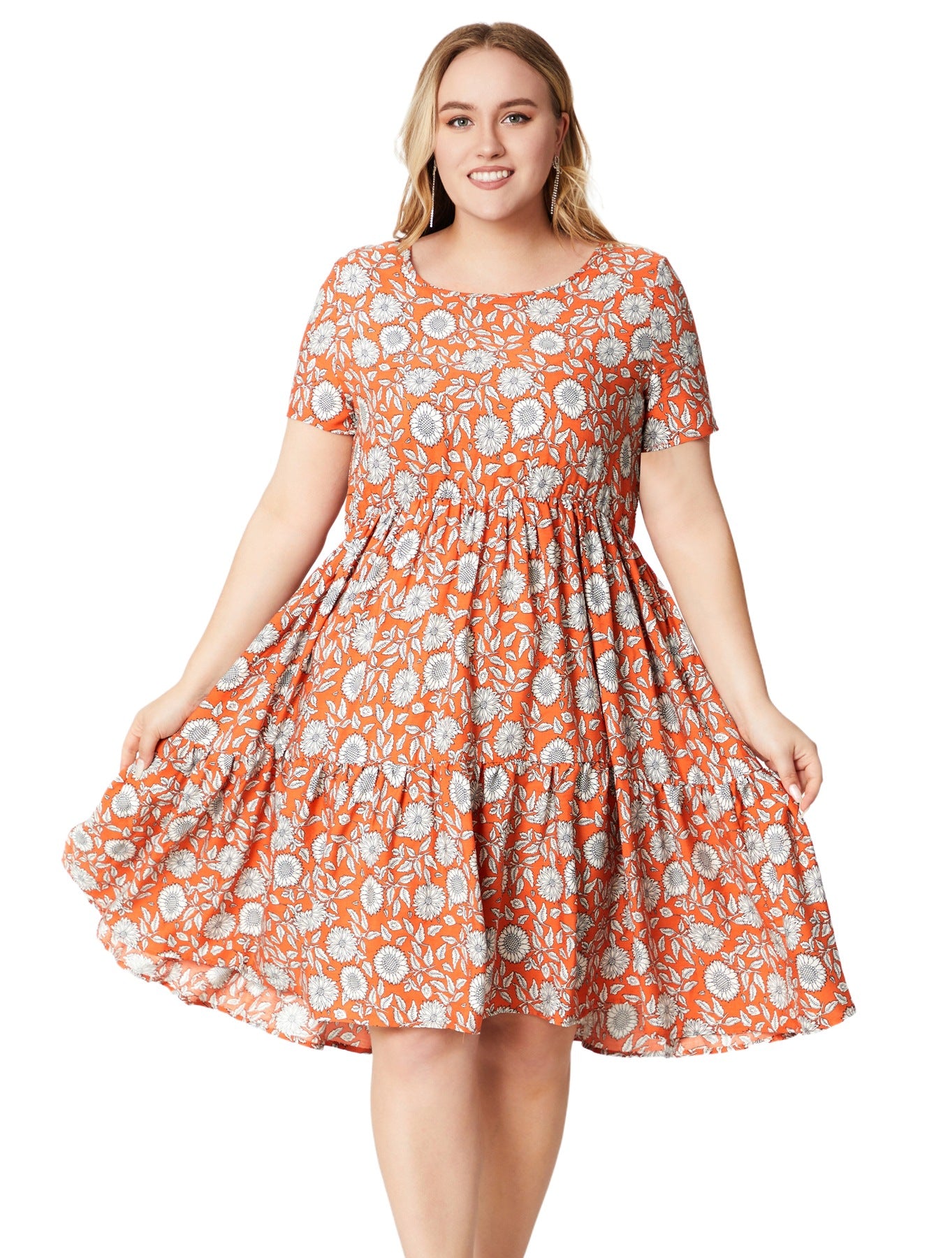 Plus Size Women Summer Round Neck Short Sleeve Printed Dress