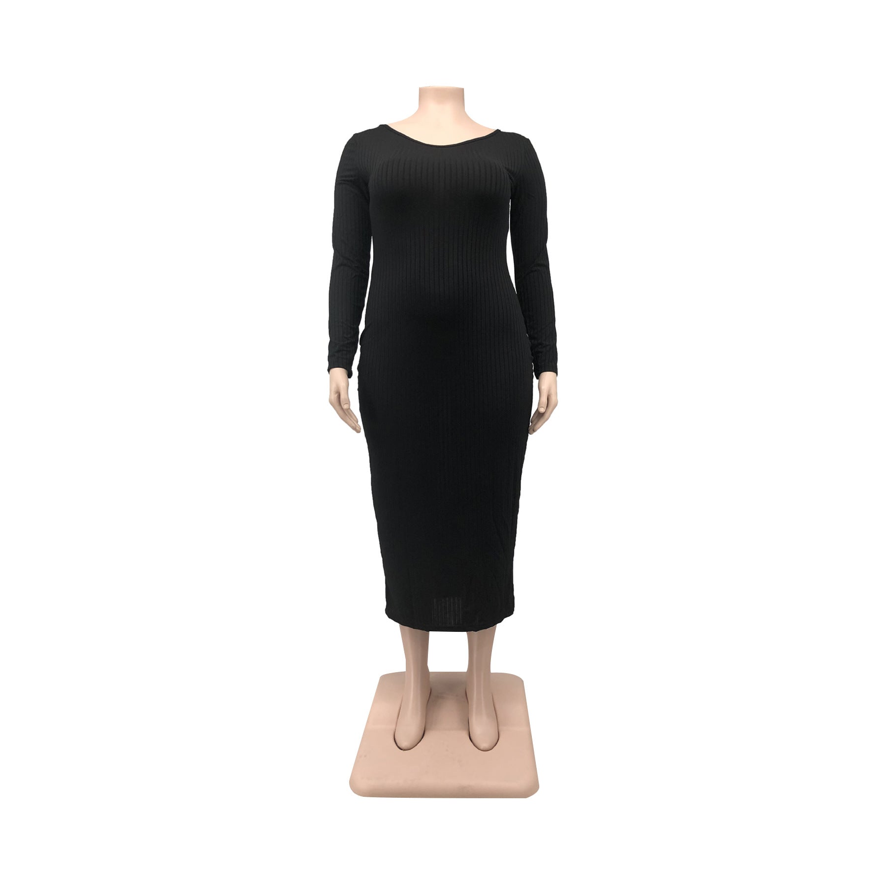Casual Fashion Round Neck Ribbed Solid Color Women 's Plus Size Long Dress 10