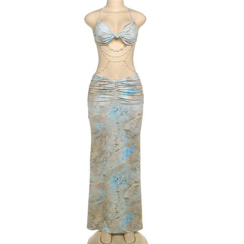 Women's Spring Halter Neck Tie Beaded Chain Slim Low Back Sexy Dress 12