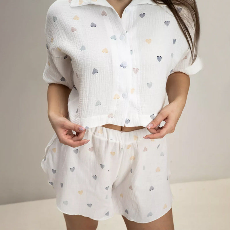 Spring Pajamas Women Double Crepe Cotton Heart Print Turndown Collar Half-Sleeve Shirt Slit Shorts Home Clothes 7