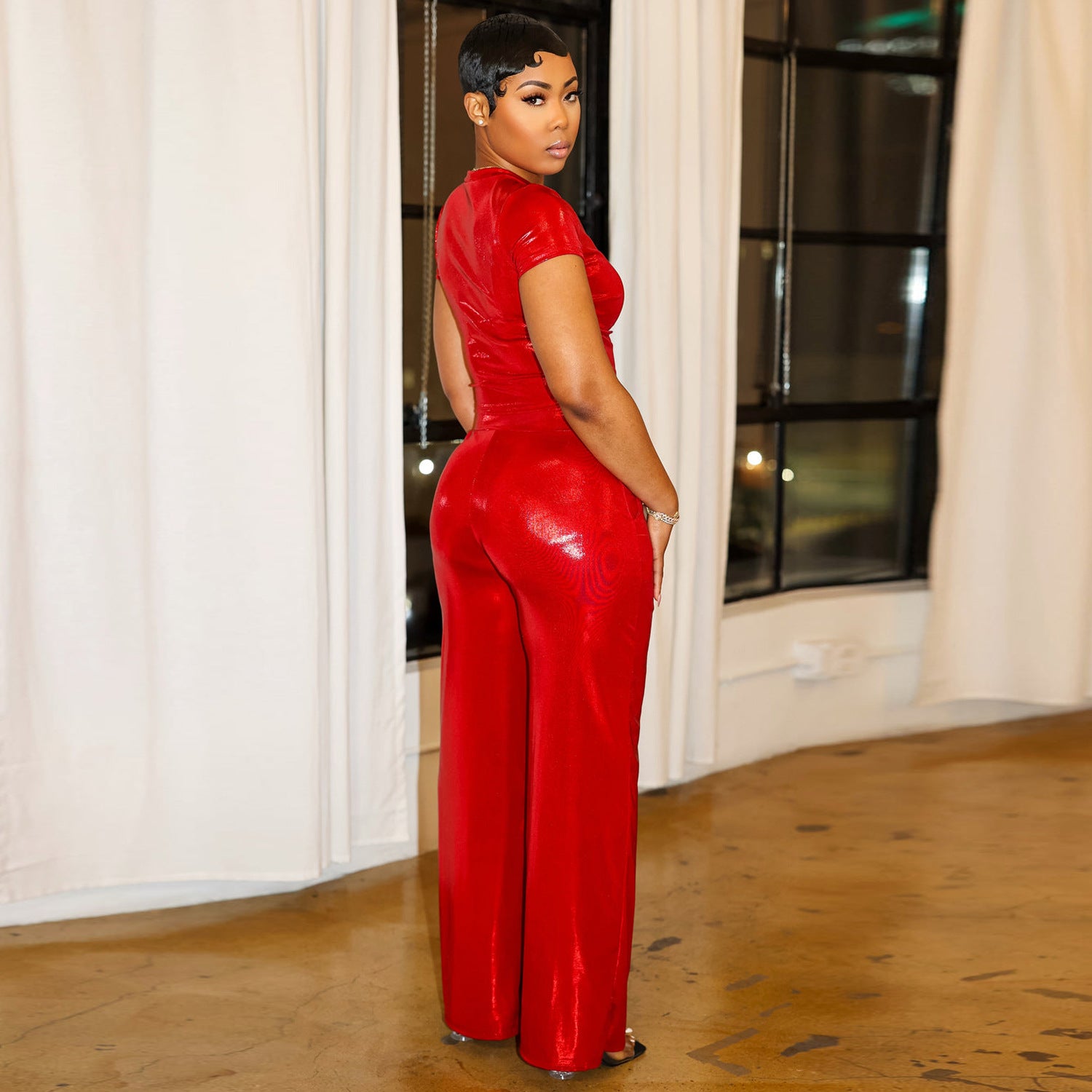 Women Summer Shiny Solid Short Sleeve Top and Wide Leg Pants Two Piece Set 4