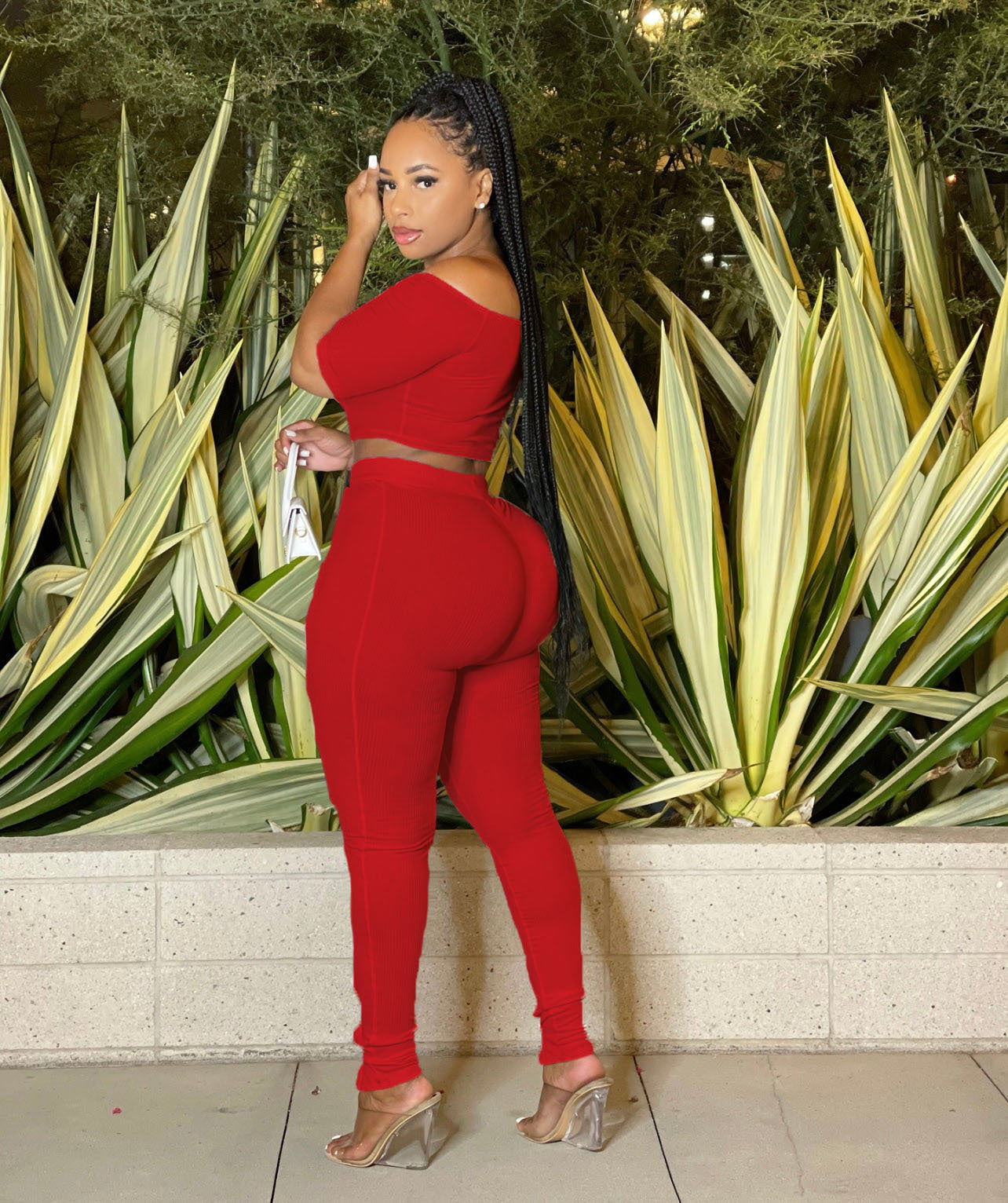 Women Summer Sexy Off Shoulder Short Sleeve Top and Button Pants Two-Piece Set 8