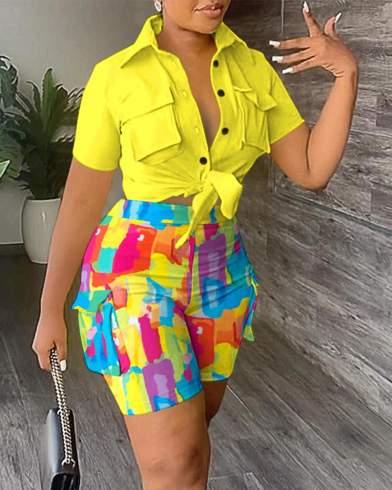Women Summer Turndwon Collar Pocket Top And Print Shorts Two-Piece Set 13