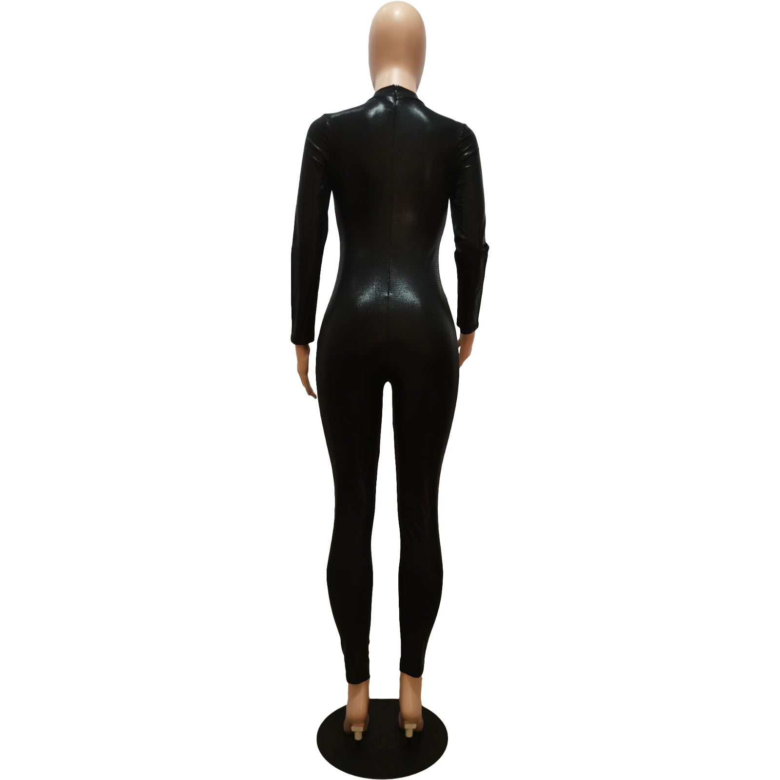 Women Fall Women Clothing Solid PU-Leather Pleated Snake Print Long Sleeve Bodycon Jumpsuit 8