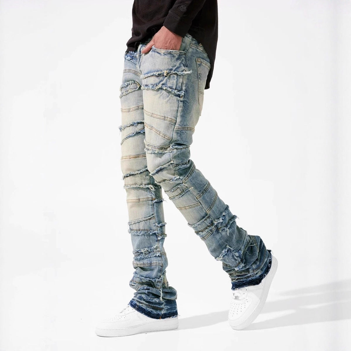 Street Fashion Men's Straight Leg Elastic Patch Denim Pants 8