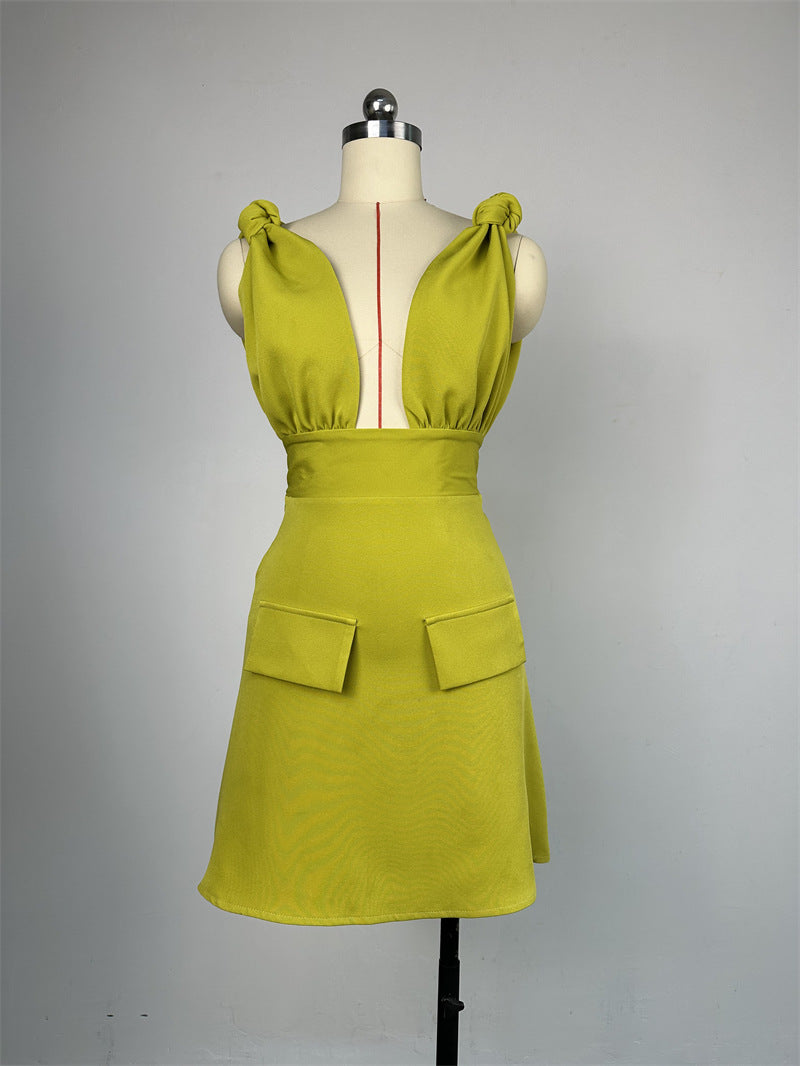 Women summer V-neck high waist Strap Dress 10