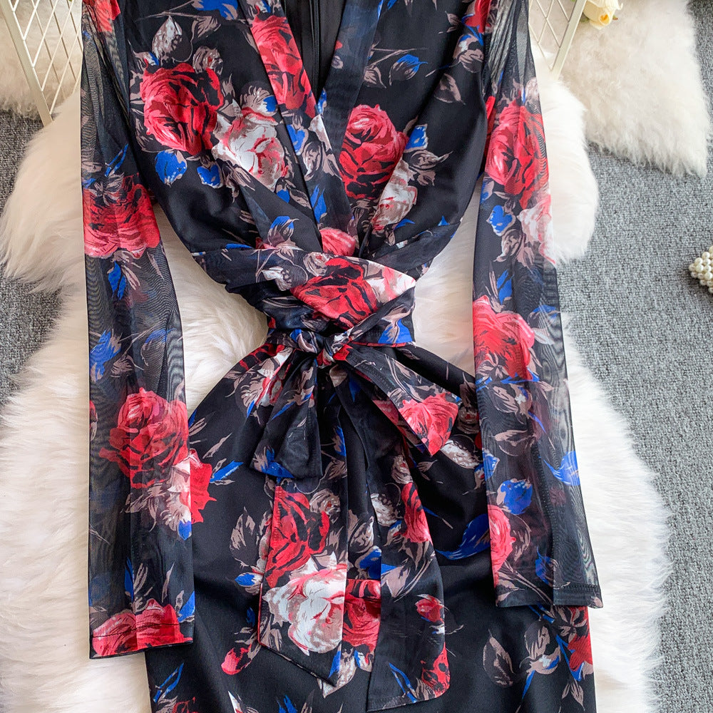 Women French Style Long-Sleeved V-Neck Lace-Up Maxi Print Bodycon Dress 34