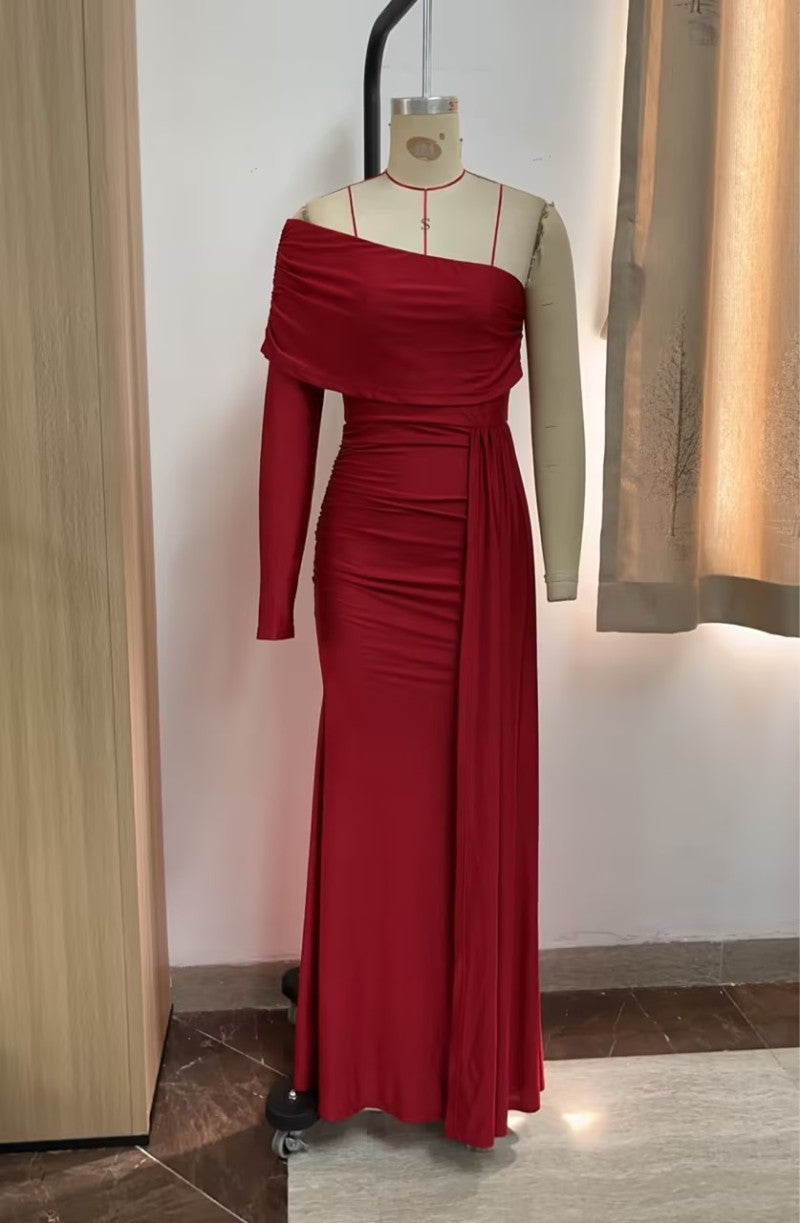 Summer Casual Sexy Women's Solid Color Slash Shoulder Slim Waist Long Dress 11