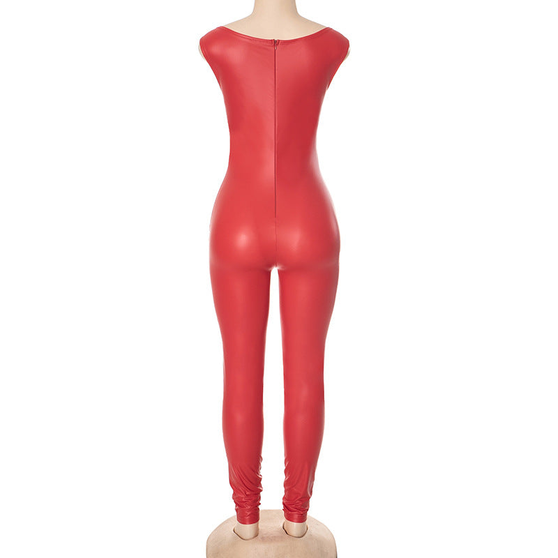 Women Solid Square Neck Zipper Sleeveless Stretchy Jumpsuit 9