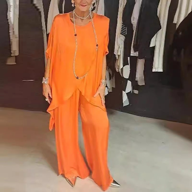 Women's Summer Solid Color Round Neck Casual Fashion Loose Irregular Two Piece Pants Set 9