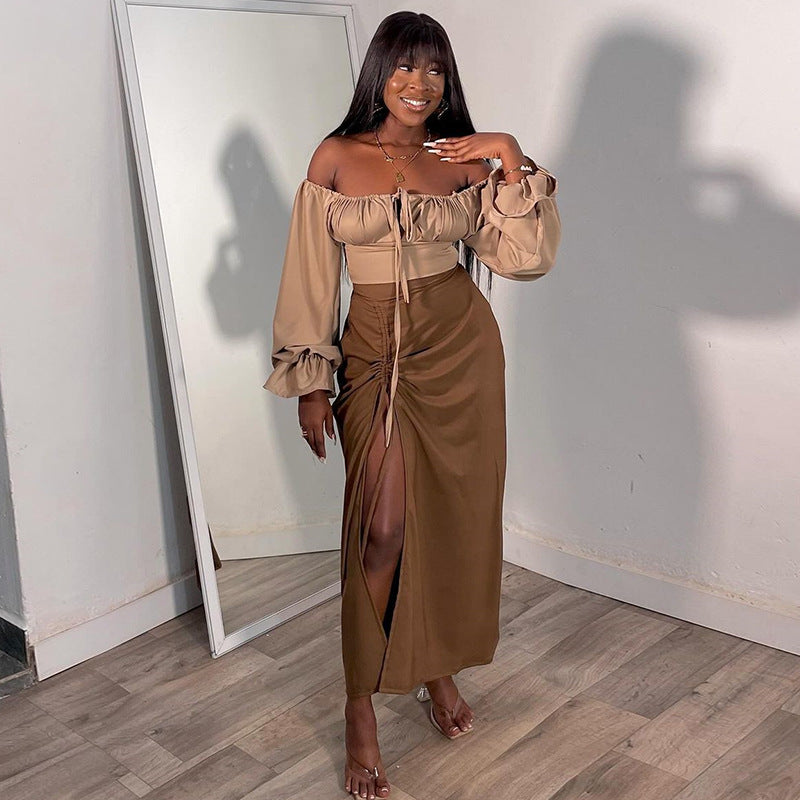 Women's Spring Fashion Square Neck Bell Bottom Sleeve Cropped Top Slit Skirt Two Piece Set 9