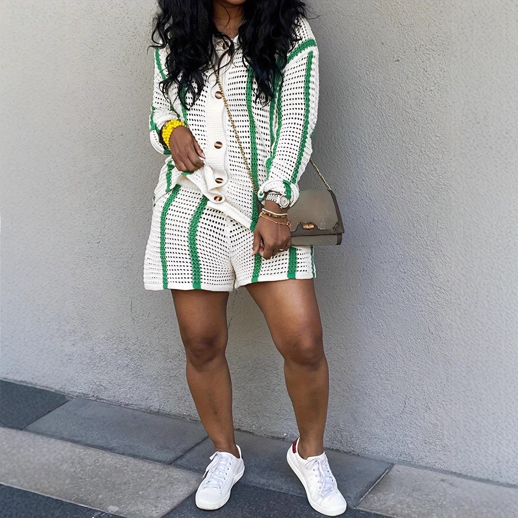 Women Contrast Long Sleeve Sweater ShortsTwo Piece Set 3