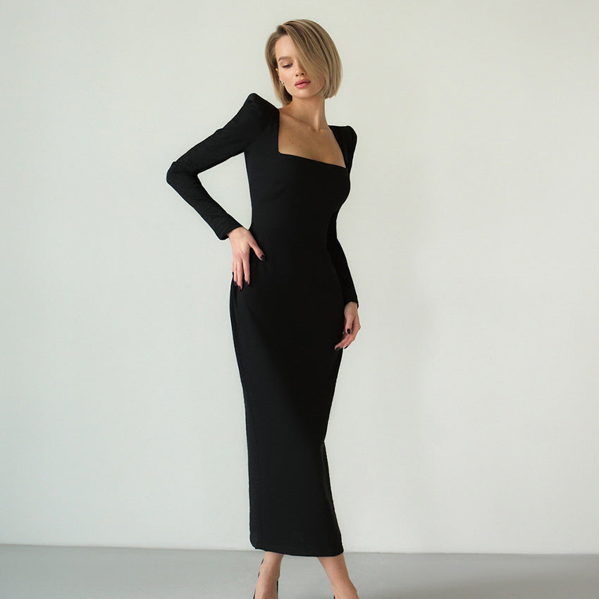 Autumn and winter French black dress Chic Slim Waist square neck long-sleeved elegant Tight Fitting long dress for women 7