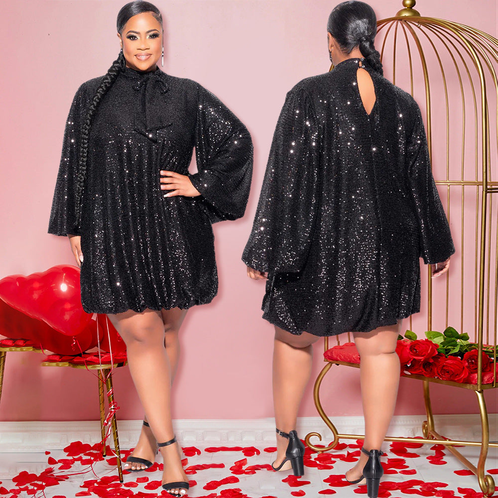 Loose Sequins Long-Sleeved Short Dress Women's Party Wear 3
