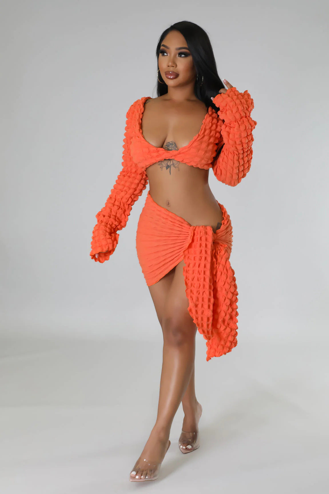 Women's Autumn Sexy V Neck Bubble Top Lace Up Open Waist Skirt Holidays two piece set 9