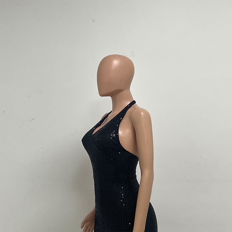 Women Backless Party sleeveless Halter Neck tassel sequin slit dress 14