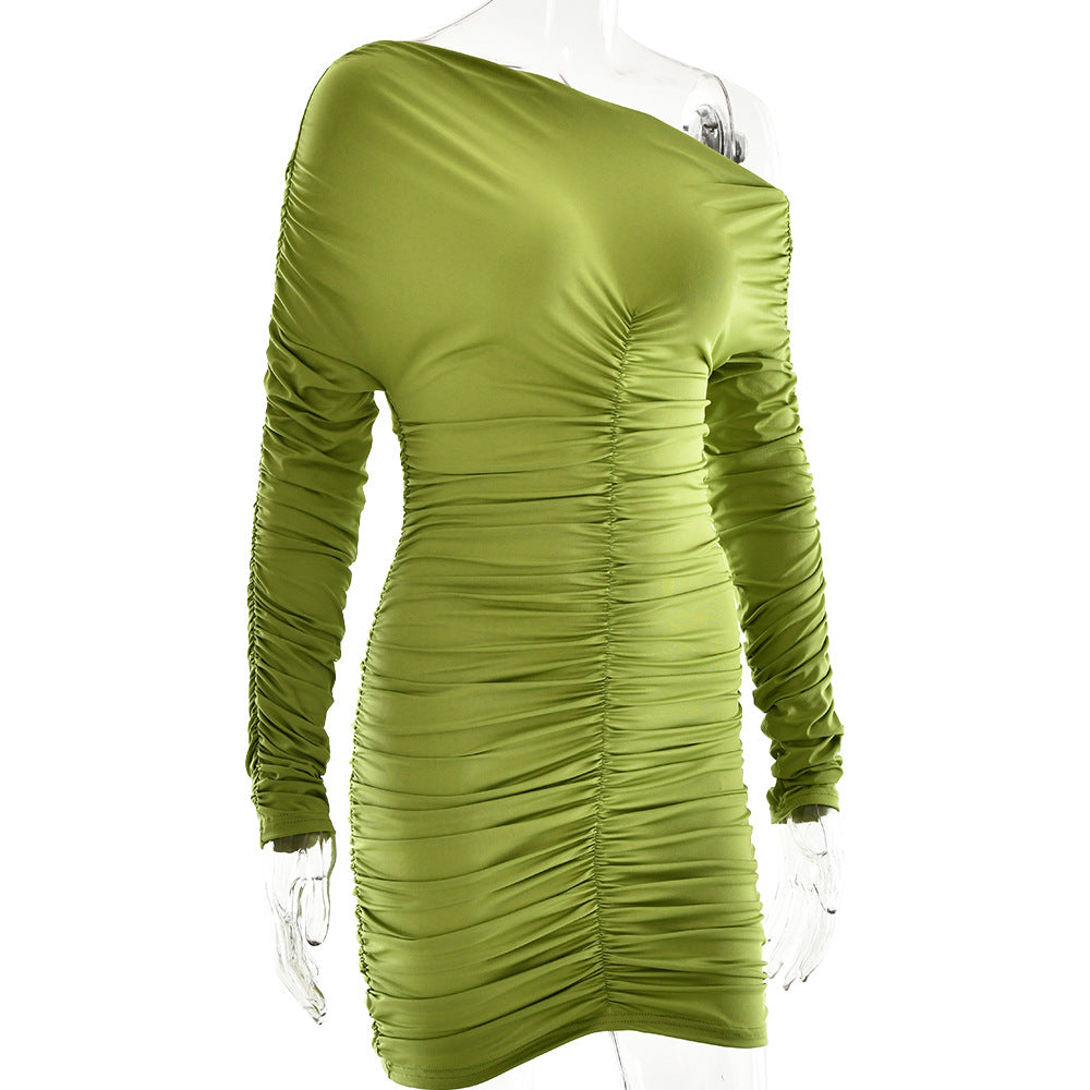 Autumn Winter Chic Solid Round Neck Long Sleeve Pleated Slim Dress 6