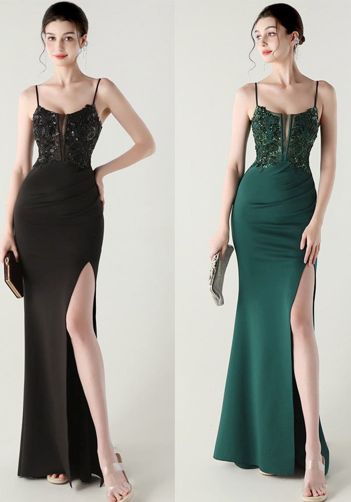Women Fishbone Lace-Up Sequin Embroidery Formal Formal Party Evening Dress