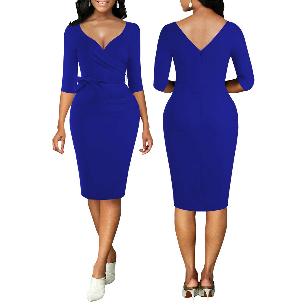 Women Sexy Solid Lace-Up V-Neck Mid Sleeve Dress 11