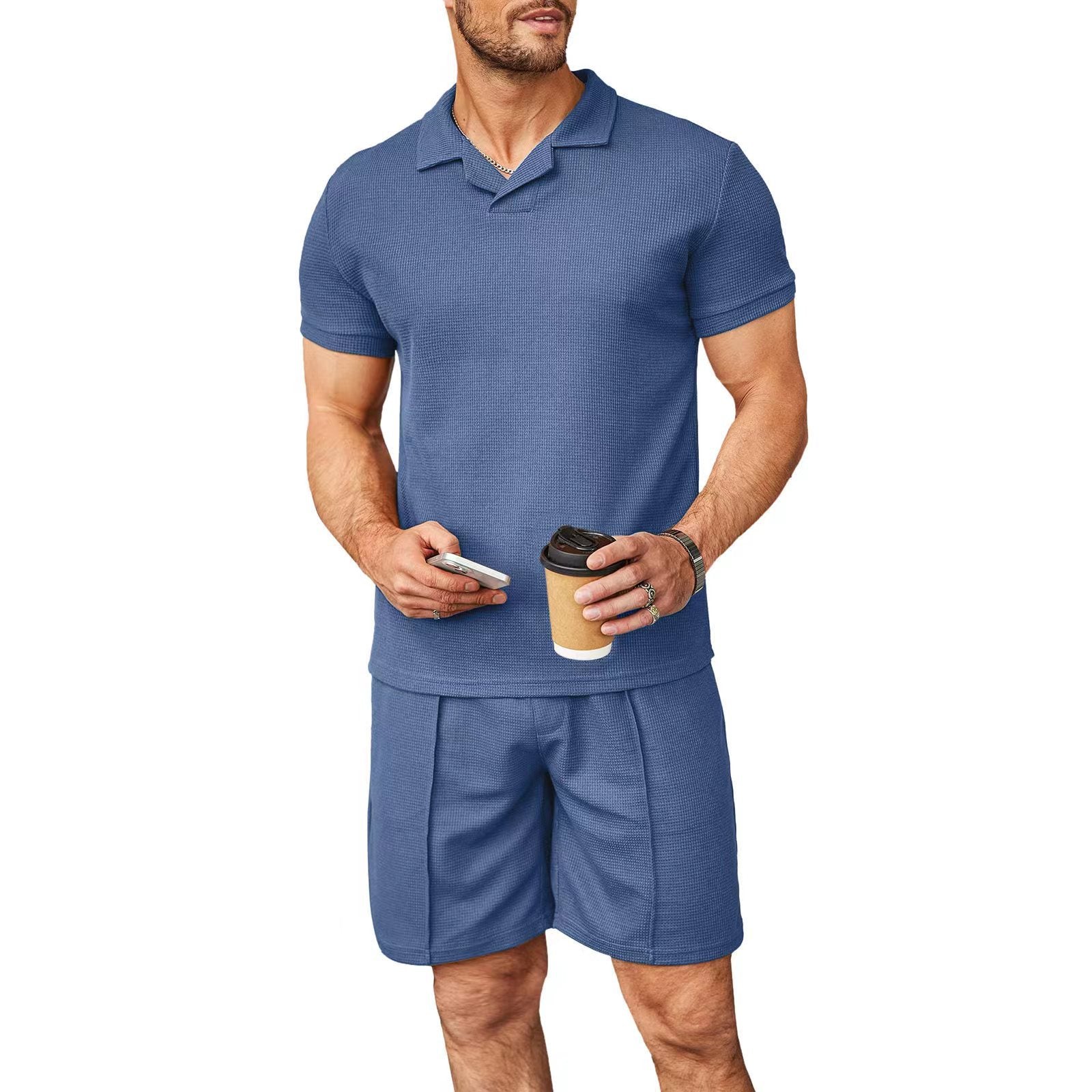 Summer Wafflev Turndown Collar Short-Sleeved Polo Shirt Shorts Men's Casual Fashion Two Piece Set 8