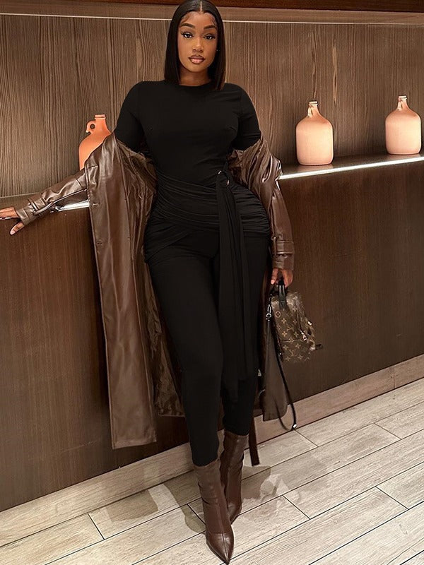 Women Solid Color One-Piece Lace-Up Round Neck Long Sleeve Tight Fitting Fitness Jumpsuit 6